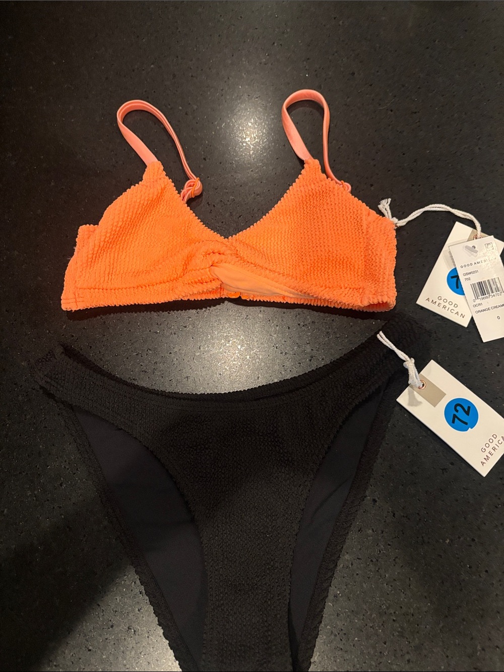 Good American Vibrant Orange Textured Bralette & Black Bikini Bottom